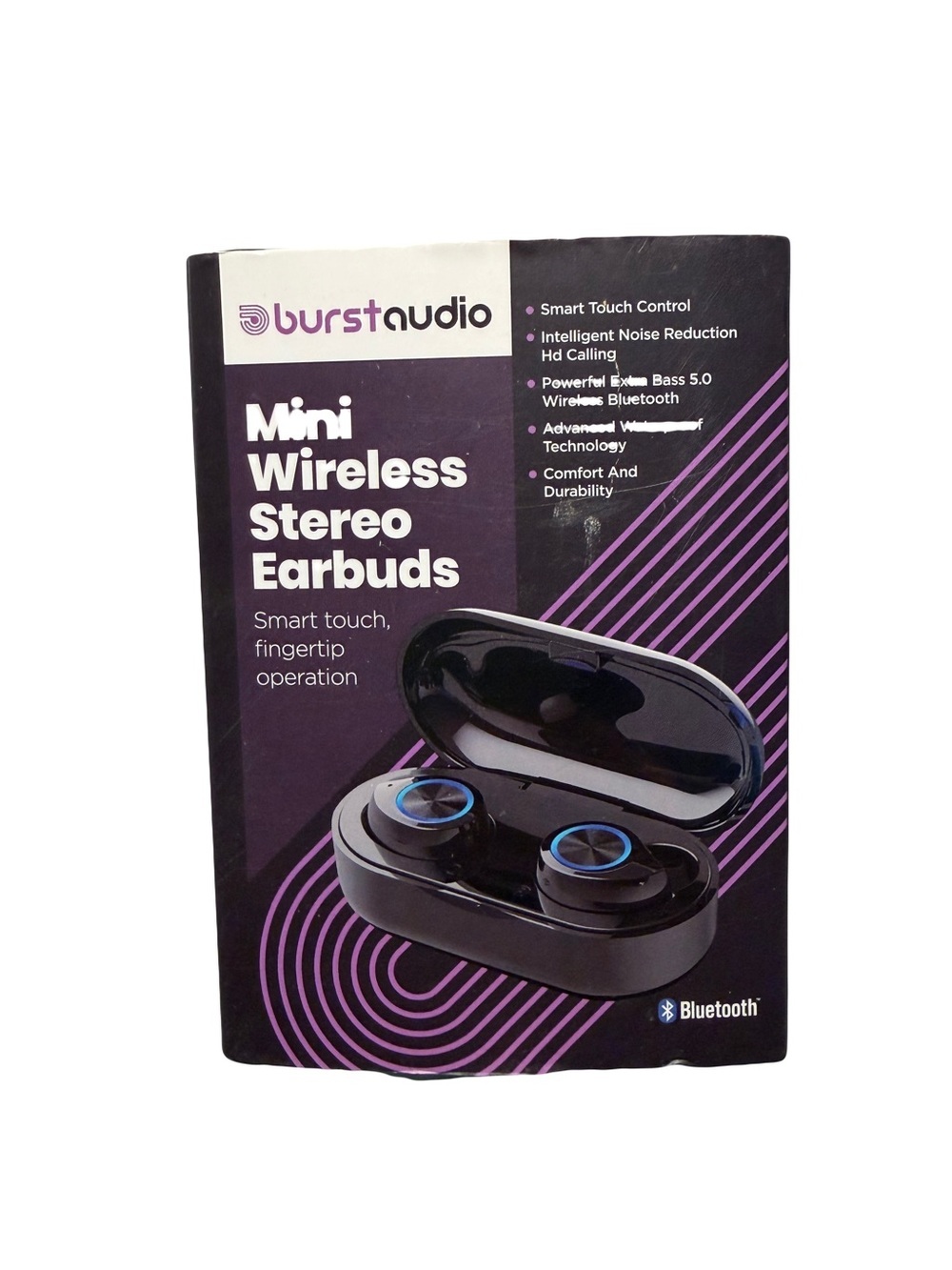burst audio Mini Wireless Stereo Earbuds - Black/Blue Accents NEW